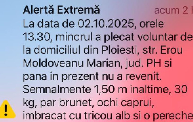 Mai mulți ploieșteni au fost treziți la 6.00 de un mesaj RO-Alert cu dispariția unui copil care fusese deja găsit