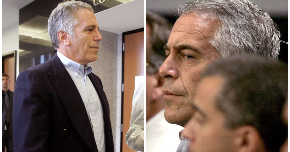 Jeffrey Epstein îmbrăcat în costum, în partea stângă, iar în partea dreaptă acesta este văzut din profil