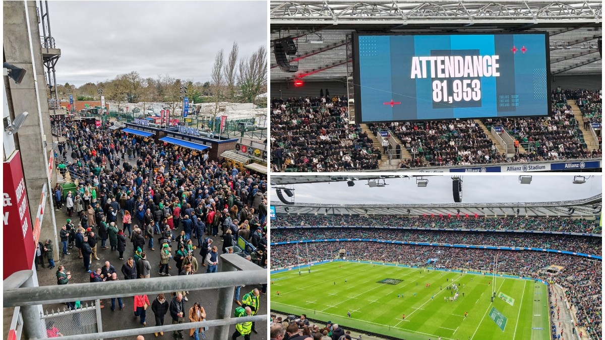 Colaj din trei imagini de la stadionul Twickenham, din Londra