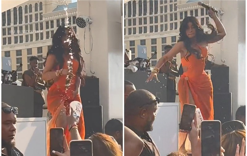Cântăreața Cardi B a aruncat cu microfonul într-un spectator, după ce a stropit-o cu băutură în timpul unui concert