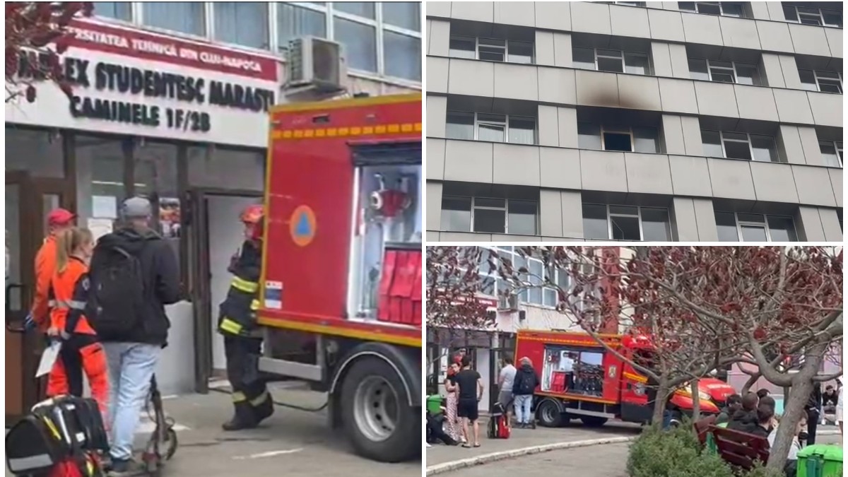 Mașină de pompieri, oameni adunați, clădire cu un geam la care a izbucnit un incendiu