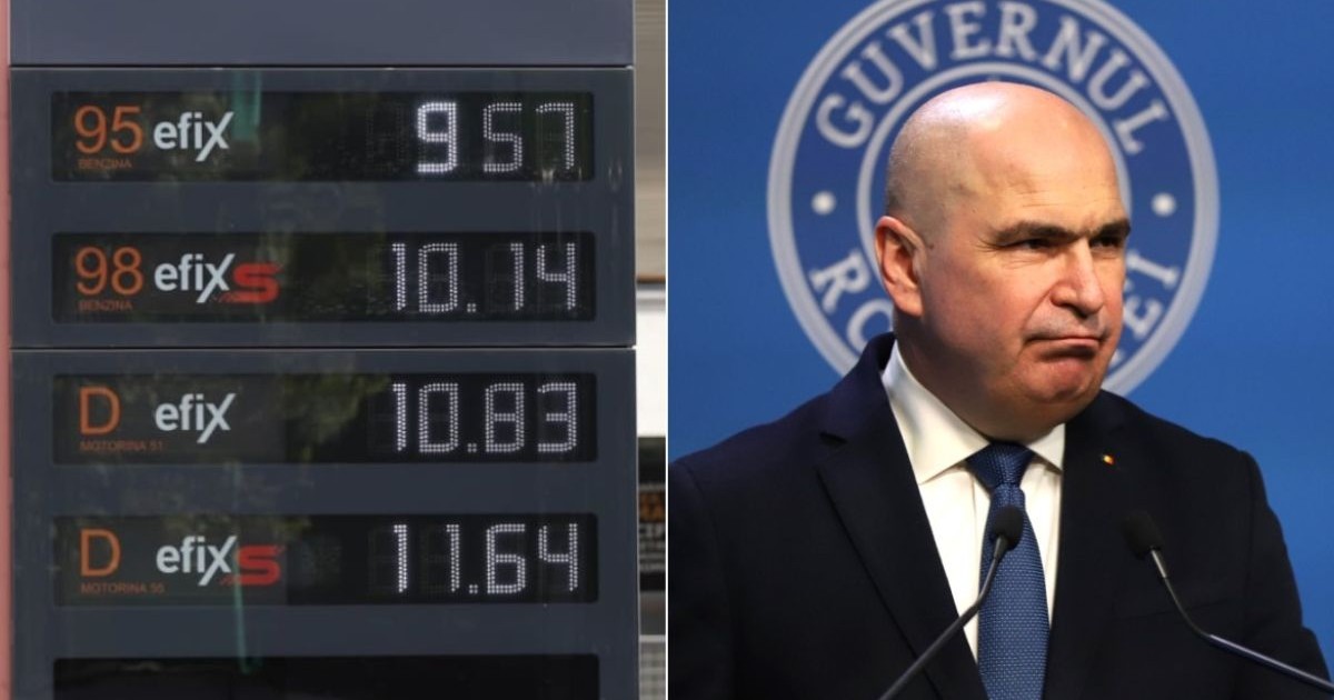 Colaj din două fotografii cu prețurile la benzină și motorină din data de 4 august 2026, în stânga, și Ilie Bolojan, în dreapta, îmbrăcat cu costum albastru, cămașă albă și cravată albastră, pe fundal albastru, într-o ședință la Guvernul României