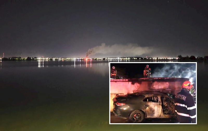 Mercedesul de lux al unui șofer de 18 ani a ars, în Chiajna, după ce s-a izbit de un gard de beton: „Se văd flăcările de pe Lacul Morii!”. VIDEO