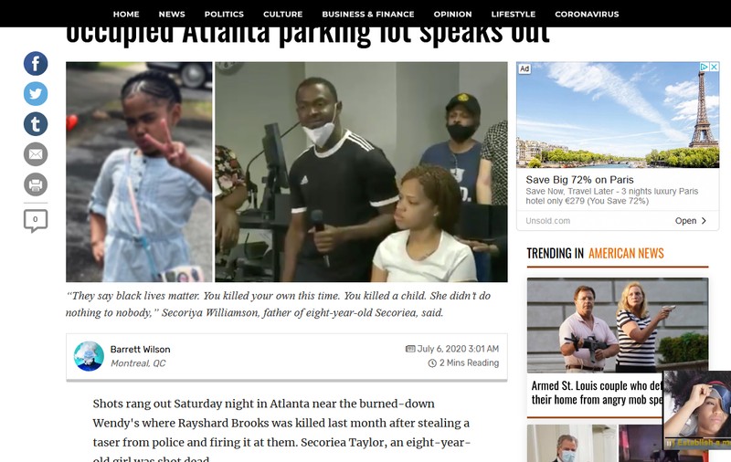 O fetiță de 8 ani a fost împușcată mortal în Atlanta, în apropierea locului în care a fost ucis de polițiști bărbatul de culoare Rayshard Brooks