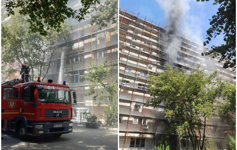 Incendiu puternic în sectorul 5 din București, la un bloc în reabilitare termică. Unui pompier i s-a făcut rău