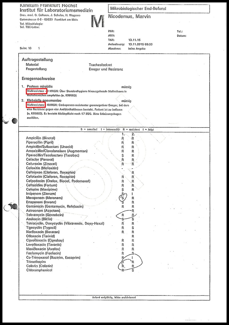 Se observă că pentru două bacterii multirezistente, singura sensibilitate este la antibioticul Colistin. Rezistența la antibiotice este arătată de litera „R”. La „S”, bacteriile sunt sensibile la un antibiotic. „I” înseamnă intermediar