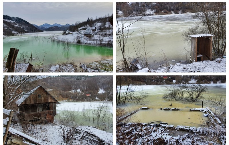 REPORTAJ. 10 ani în imagini care-ți arată cum a fost scufundată Valea Șesii în iazul de decantare. Turla bisericii e aproape înghițită, ultimele 3 case sunt în pericol