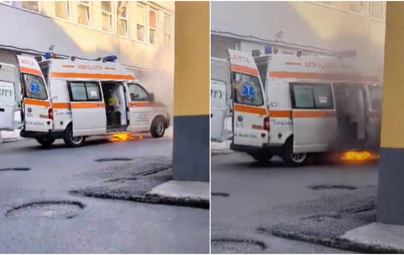 O ambulanță a luat foc în curtea Spitalului Județean Constanța. Focul a izbucnit „spontan”. VIDEO