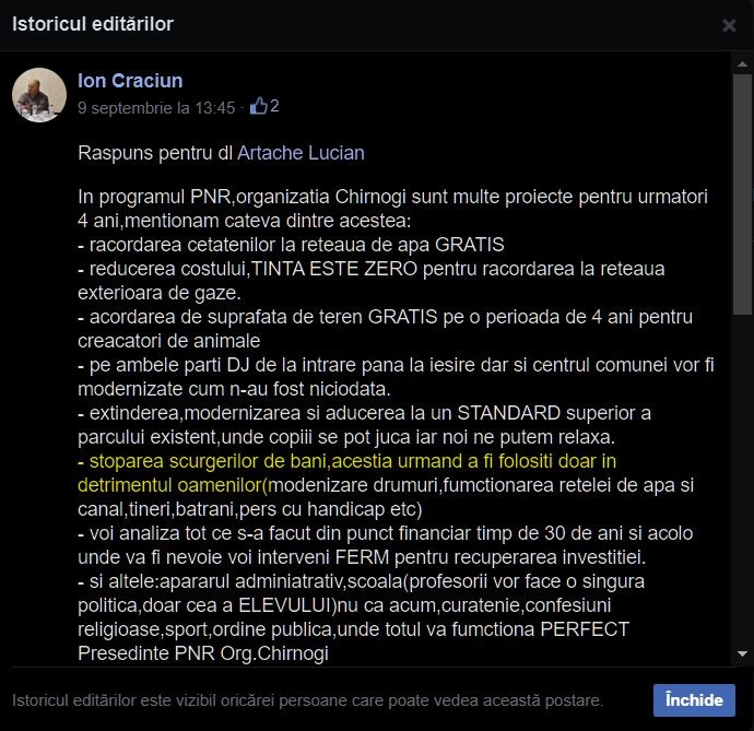 Mesajul publicat inițial de candidatul PNR, Ion Crăciun