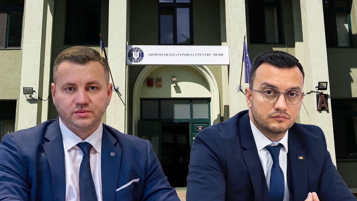 Colaj cu doi barbati in costum in fata unei cladiri