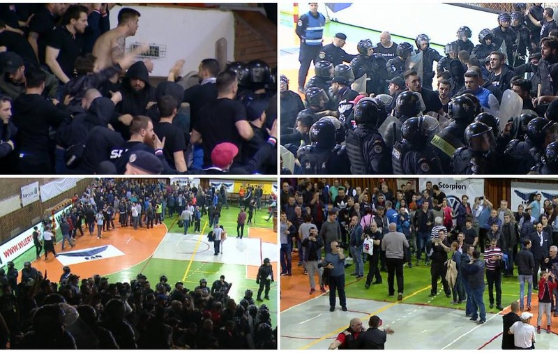 FOTO/ Scene uluitoare la Focșani, înaintea derby-ului Steaua-Dinamo la handbal. Suporterii celor două echipe s-au luat la bătaie, iar jandarmii au intervenit în forță!