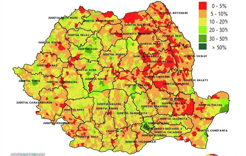Cum arată harta vaccinării anti-COVID în România. Trei localități au depășit pragul de 40%