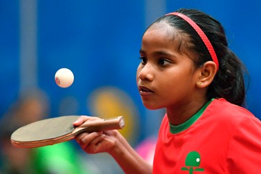 epa06702717 Fathimath Dheema Ali of The Maldives in action against Maja Haugen Gjelle of Norway during the group L match The The Maldives vs. Norway at the World Team Table Tennis Championships 2018 at Halmstad Arena in Halmstad, Sweden, 30 April 2018. EPA-EFE/JONAS EKSTROMER SWEDEN OUT