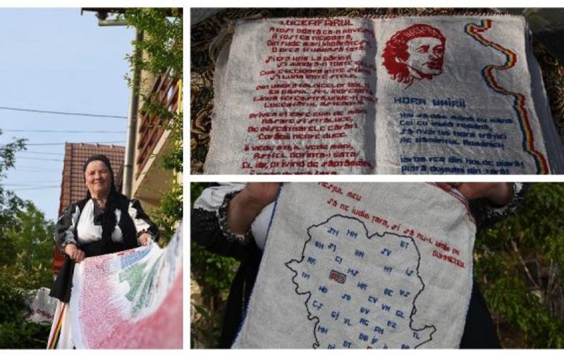 GALERIE FOTO/ Din dragoste pentru Eminescu. A stat trei ani să coasă versurile poeziei «Luceafărul» pe o pânză de șapte metri lungime