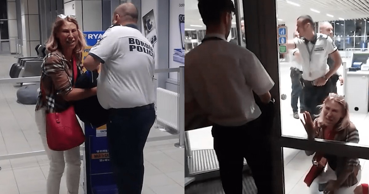 În colajul foto se vede cum femeia blondă se roagă de polițiști să o primească în avion cu bagajul, iar mai apoi, când ușile se închid și autobuzul pleacă se prăbușește în genunchi la podea