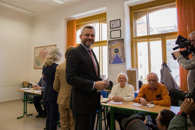 BRATISLAVA, SLOVAKIA - MARCH 23: Peter Pellegrini, candidate for president, arrives with his sister and mother at the polling station to cast their vote during the first round of the presidential election in Slovakia on March 23, 2024 in Bratislava, Slovakia. According to the latest polls, Peter Pellegrini is the leading candidate in the Presidential election. The second round of the election is scheduled on April 6. In total, 11 male candidates will try to get people's votes. A new president will take over the mandate after the 5-year long presidency of the first woman president, Zuzana Caputova. Zuzana Gogova / Anadolu,Image: 858992887, License: Rights-managed, Restrictions: , Model Release: no
