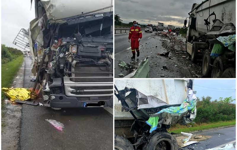 Pasager într-un TIR, mort pe A1, lângă Bolintin Vale. Cabina, strivită în remorca unei basculante