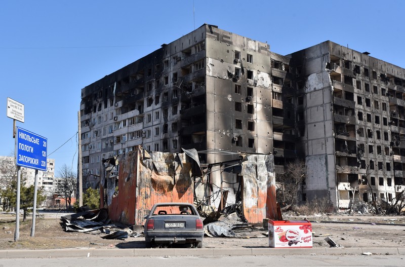 Bloc bombardat, pe bulevardul Taras Șevcenko, din Mariupol