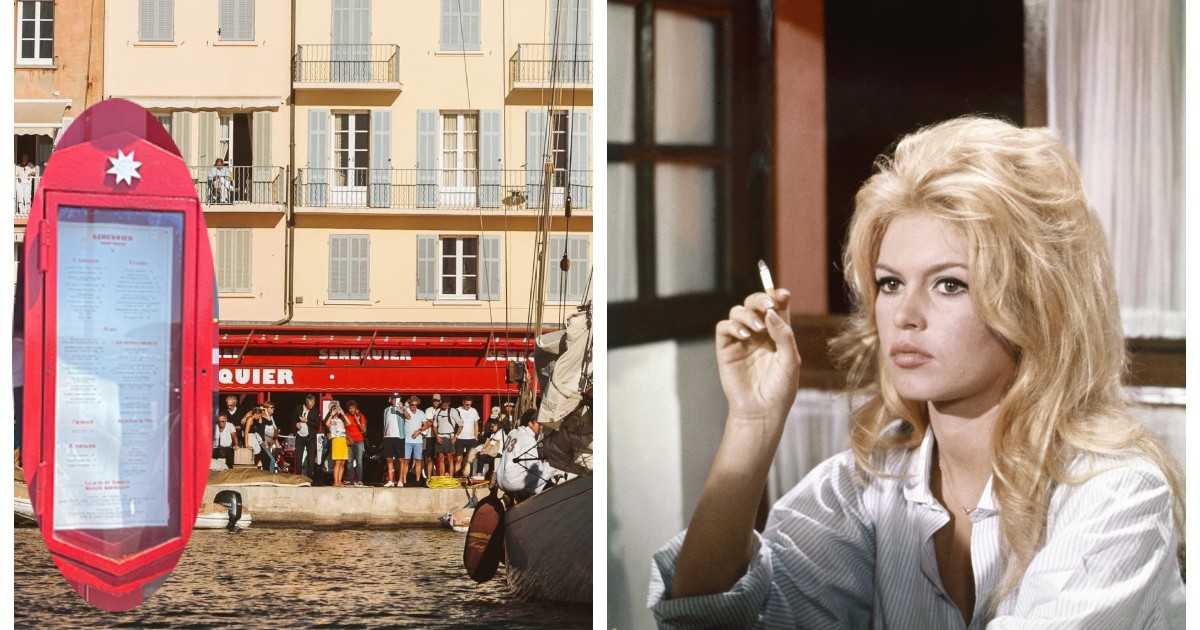 Brigitte Bardot, dreapta, localul Senequier și panoul cu lista de prețuri
