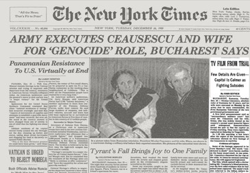 Prima pagină a New York Times, pe 26 decembrie 1989