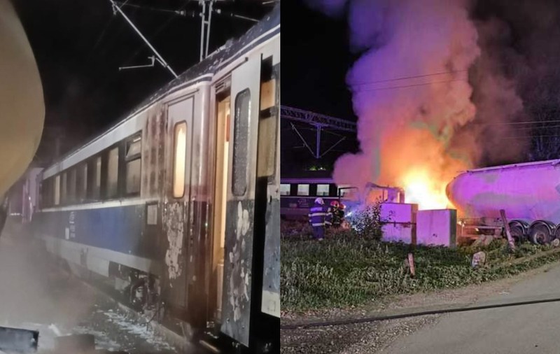 O cisternă a luat foc în Bacău după ce s-a izbit de un tren cu aproape 200 de pasageri