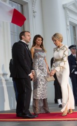 Ce ținute au ales Brigitte Macron și Melania Trump. Melania trump purtând rochie Chanel și Brigitte Macron în Louis Vuitton la cina de stat
