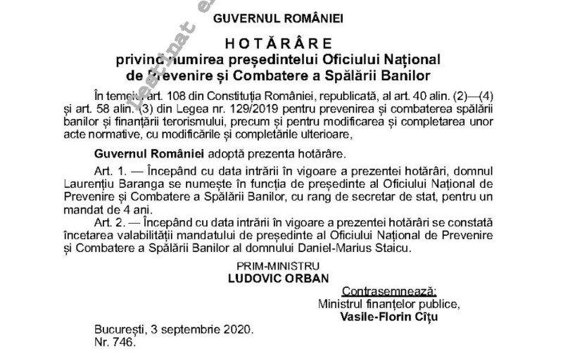 Hotărârea de numire a lui Baranga șef la combaterea spălării banilor