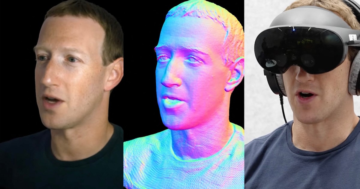 Trei imagini distincte cu Mark Zuckerberg, de la dreapta la stânga, în variantele sale de avatar digital, ultima imagine fiind cu el purtând o pereche de căști Oculus pentru Realitate Virtuală.