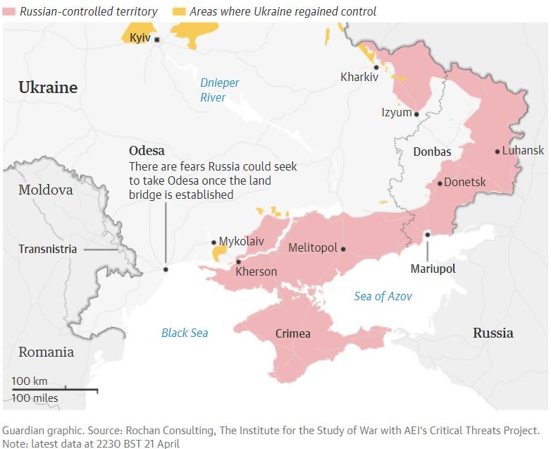 Cu roșu: zonele controlate de forțele ruse. Cu galben: zonele recucerite de trupele ucrainene. Foto: The Guardian