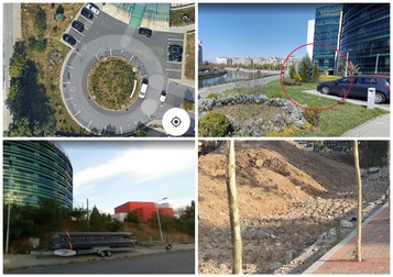 De la stânga la dreapta: pomii plantați pe colină se văd în partea stângă într-o imagine din 2018 (1), în 2017 erau doar copăceii tuia (2), în septembrie 2018 vegetația se îmbogățește (3), în 2021 este rasă (4). Sursa: Google Earth, Google Street View și Libertatea