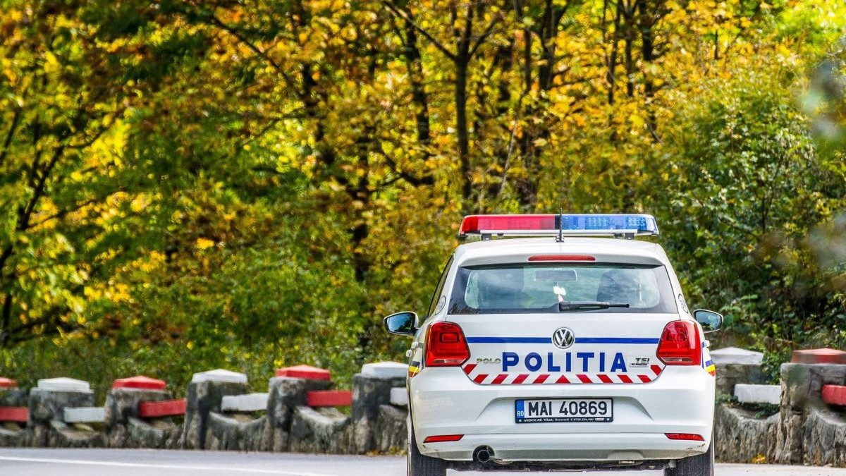 O mașină de poliție circulă pe un drum prin pădure