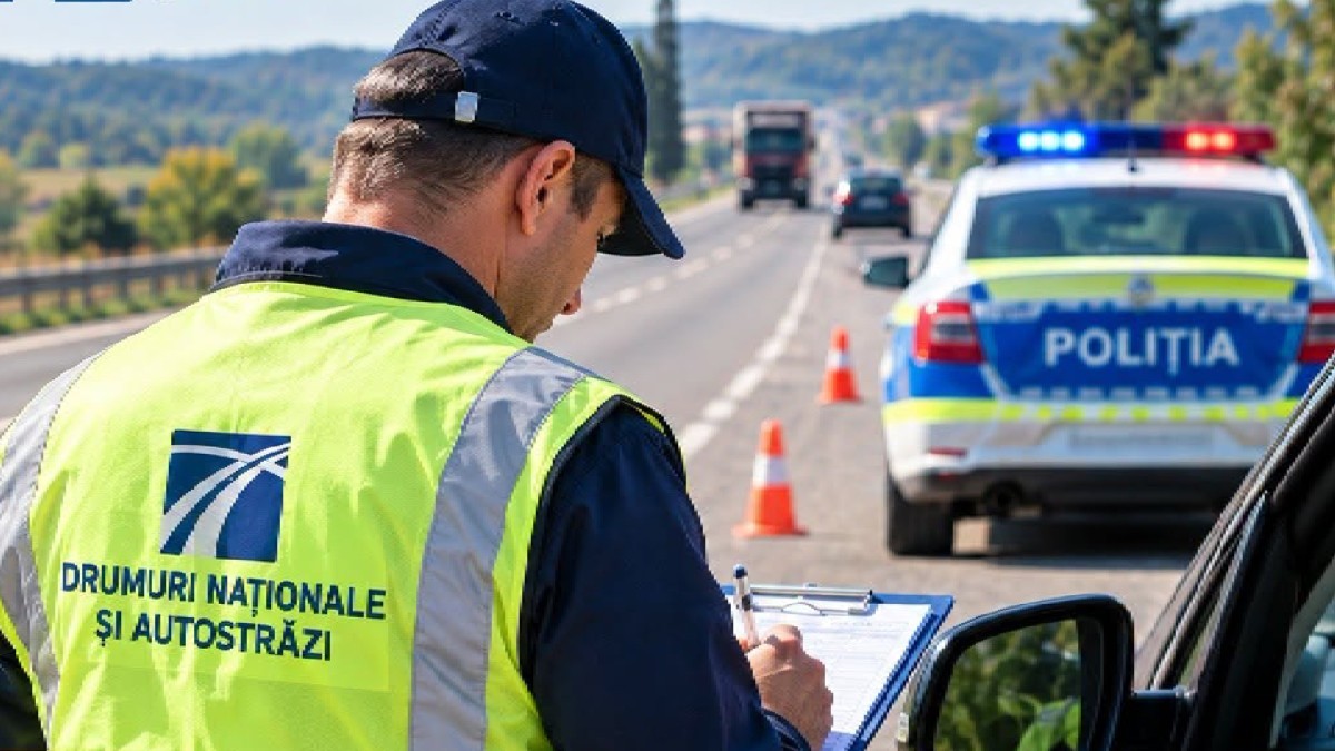 Un bărbat de la Drumuri Naționale și Autostrăzi vorbește cu un șofer aflat în mașină, în timp ce notează pe o foaie. În fața mașinii oprite se află o autospecială de poliție