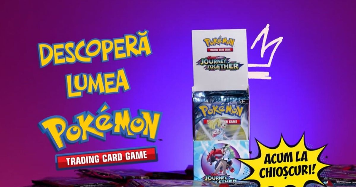 Cartonașe Pokemon într-o cutie, pe o imagine creativă cu fundal mov-albastru