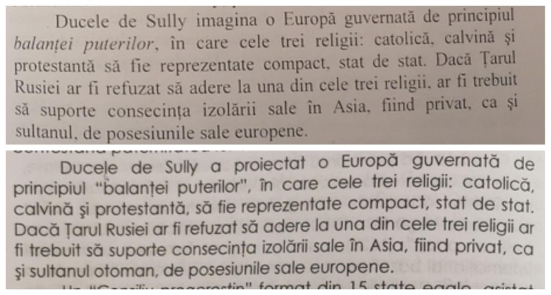 (Sus) Fragment din „Sub Zodia «Statelor Unite ale Europei»” (p. 95), comparat (jos) cu un fragment din „Uniunea Europeană” (p.18). 