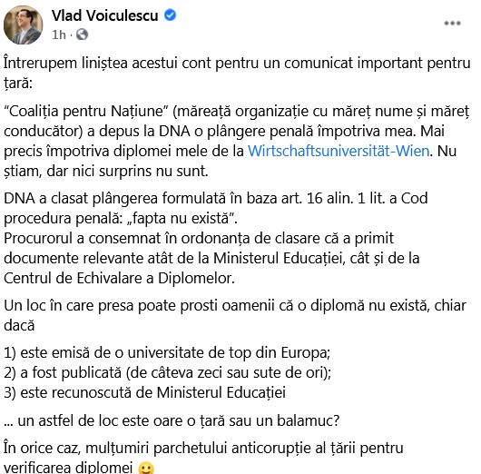 Postarea lui Vlad Voiculescu.