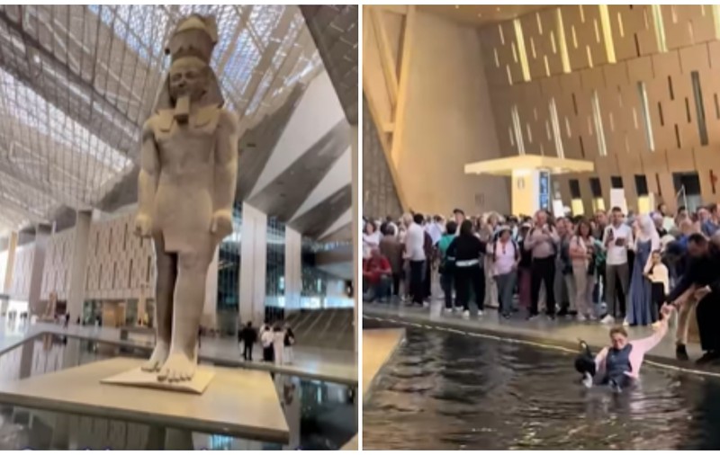 Turiști neatenți cad în bazinul din jurul statuii lui Ramses al II-lea la Marele Muzeu Egiptean | VIDEO