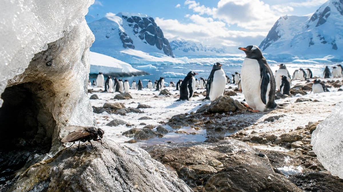 O muscă surprinsă pe o stâncă, în prim-plan, într-un peisaj însorit din Antarctica. În fundal se vede o colonie de pinguini, printre zăpadă, gheață, stânci și munți acoperiți de omăt. Imagine generată cu AI