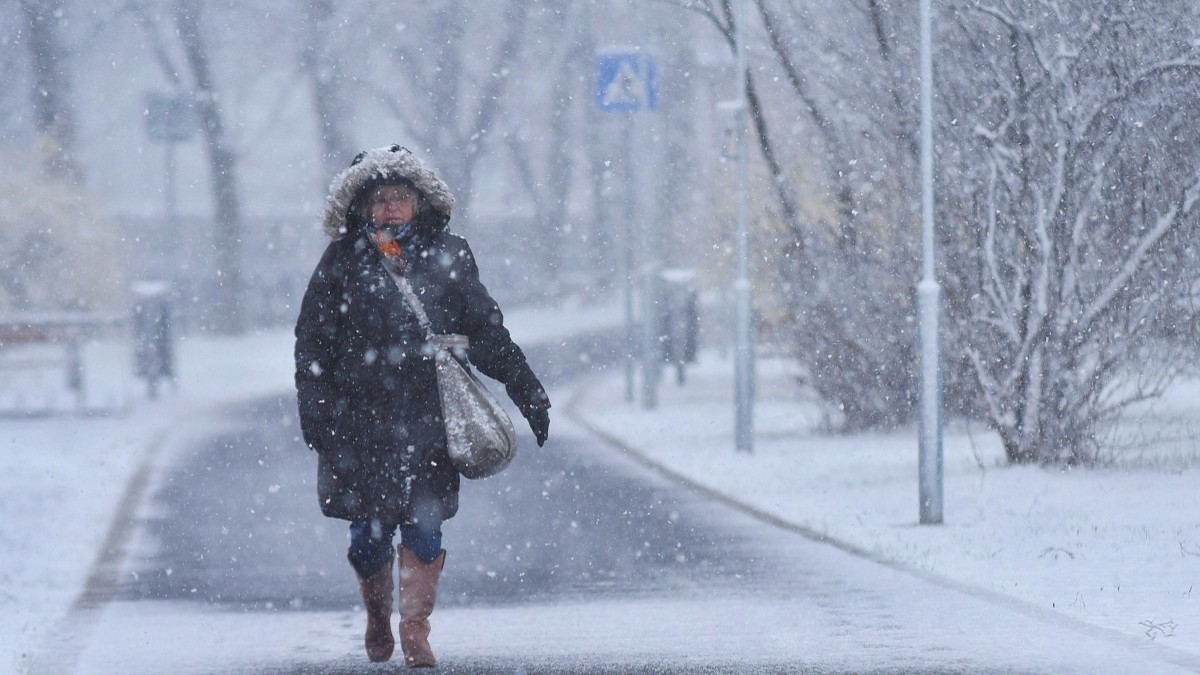 O persoană îmbrăcată cu o geacă groasă cu glugă cu blană mergând pe un trotuar acoperit de zăpadă în timpul unei ninsori abundente.
