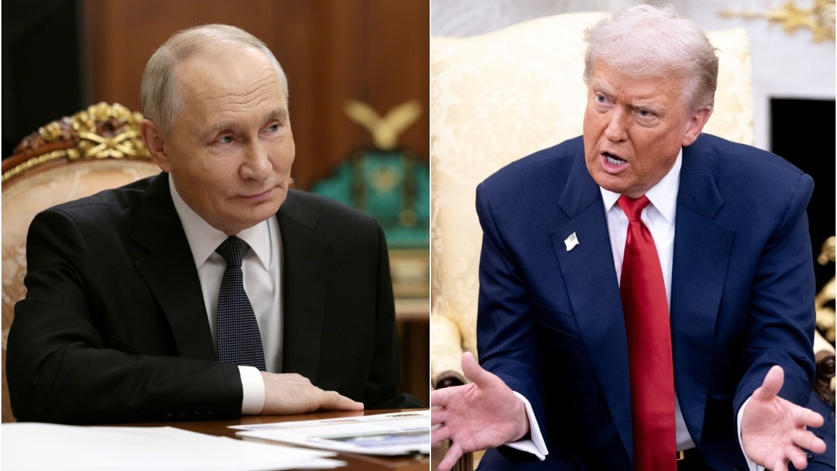 Vladimir Putin, în stânga, Donald Trump, în dreapta, ambii îmbrăcați la costum.