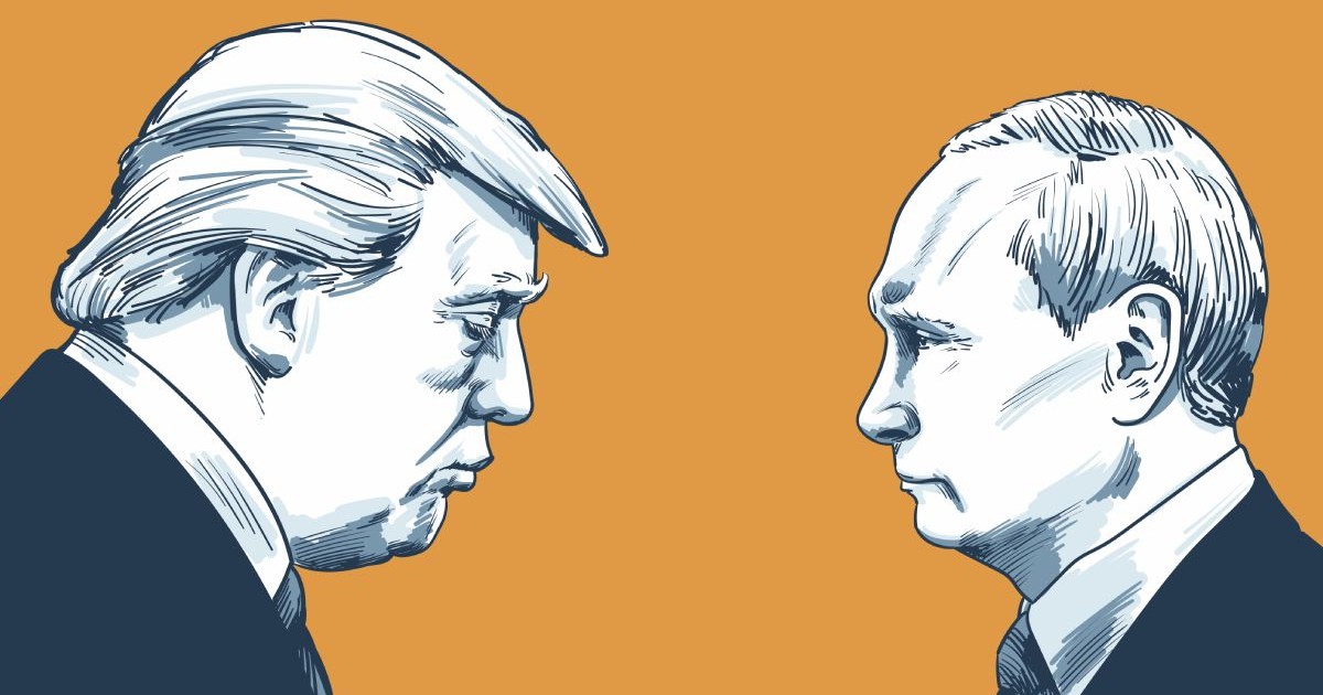 Donald Trump și Vladimir Putin, față în față, într-o imagine stilizată în creion, pe fundal de culoare muștar