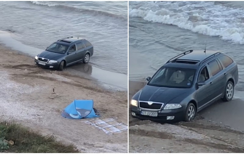 Un şofer a intrat cu mașina pe plaja din 23 August și a rămas împotmolit. „Jupân de jupân! Dă-i, tată, dă-i!”. Ce amendă a primit