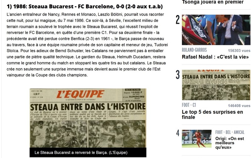 CLASAMENTUL FRANCEZILOR DE LA L′EQUIPE / ^Steaua ocupă primul loc în topul marilor surprize din finalele Ligii Campionilor