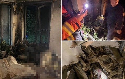 Colaj cu trei imagini ce arată pagubele grave produse într-o locuință, inclusiv interiorul distrus al unei camere, echipaj de intervenție inspectând noaptea și un tavan prăbușit.