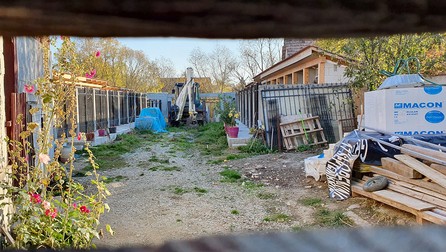 Ferma de câini, în spate, pe stânga și pe dreapta, sunt padocurile unde sunt ținuți câinii
