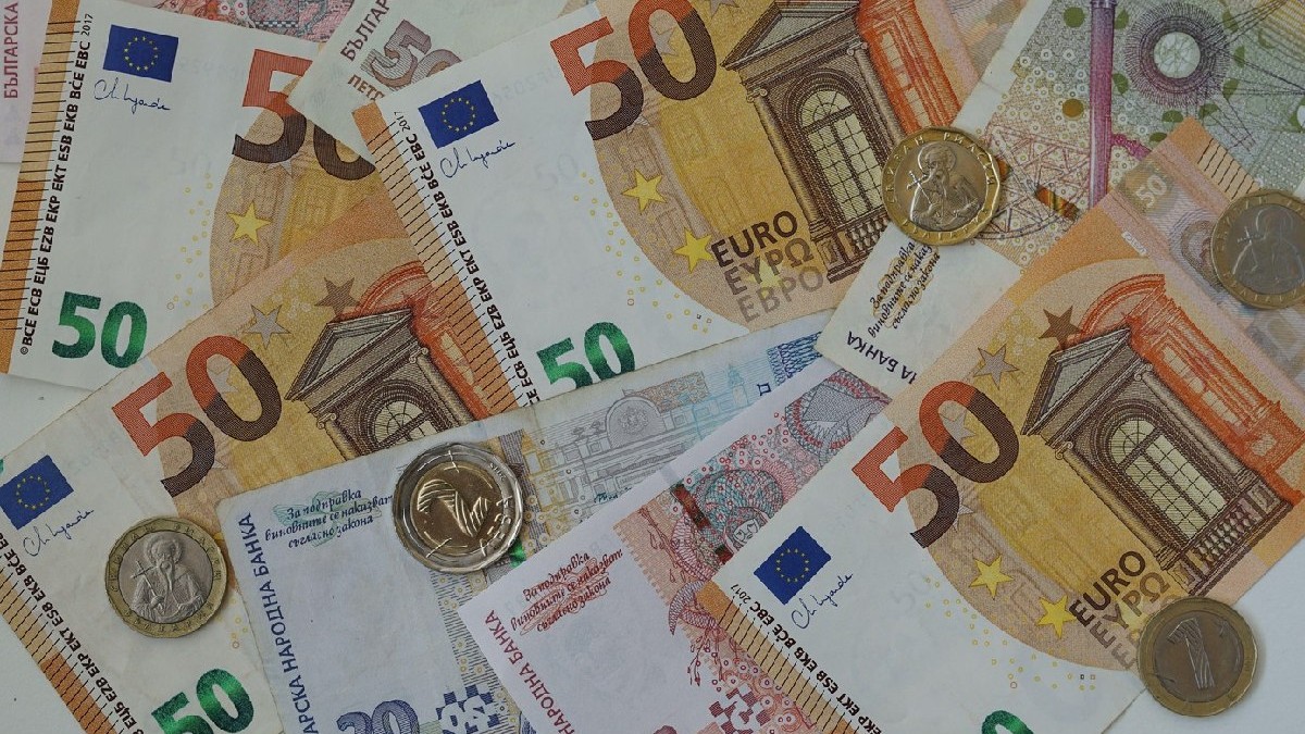 Bancnote mixte euro și leva bulgară, monede.