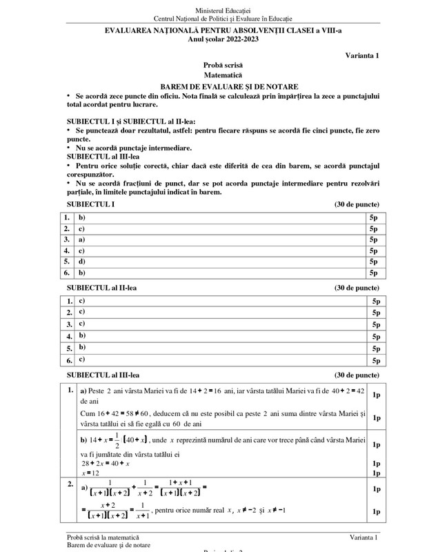 Baremul de corectare la Matematică pentru Evaluarea Naţională 2023 a fost publicat. Cum trebuiau rezolvate subiectele
