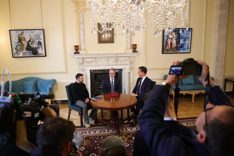 10/10/2024. London, United Kingdom. Prime Minister Keir Starmer meets Ukraine's President Volodymyr Zelenskyy and NATO Secretary General Mark Rutte for a trilateral meeting in 10 Downing Street.,,Image: 919261753, License: Rights-managed, Restrictions: Restrictions: This image is for Editorial use purposes only. The Image can not be used for advertising or commercial use. The Image can not be altered in any form. All images are Crown copyright and re-usable under the Open Government Licence v3.0, except where otherwise stated. To view this licence, visit: https://www.nationalarchives.gov.uk/doc/open-government-licence/version/3/ Pictures marked as the copyright of a third party may only be re-used with permission from the rights holder., Model Release: no