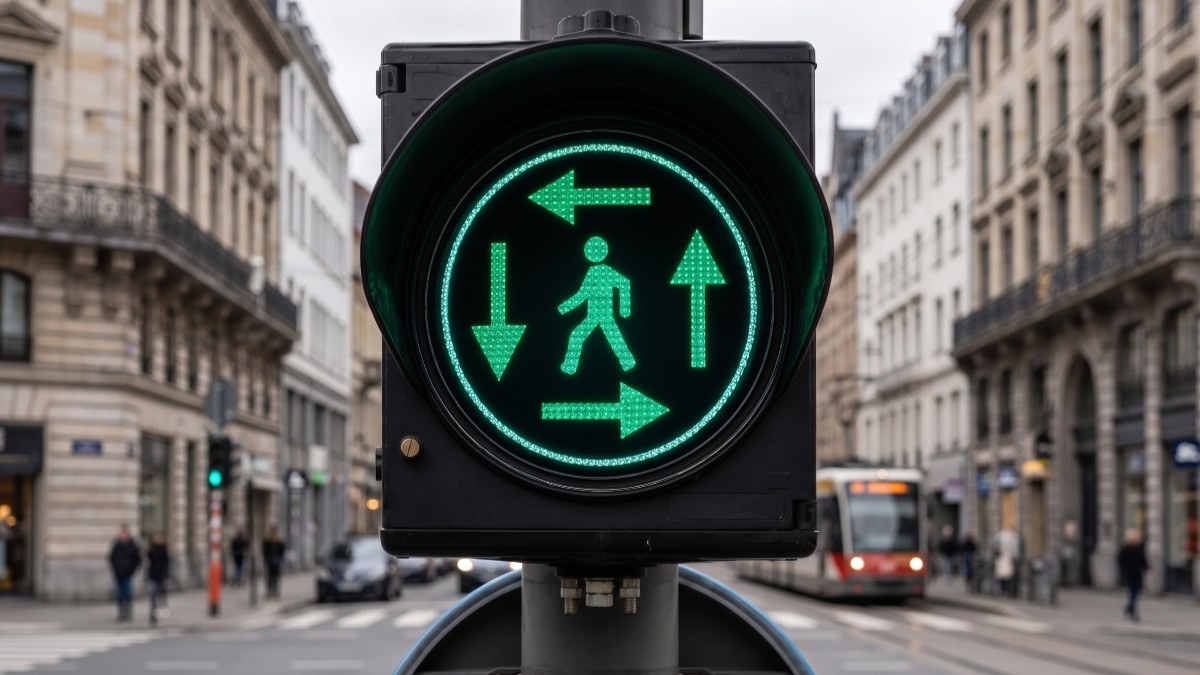 Un semafor cu un pieton verde înconjurat de săgeți verzi
