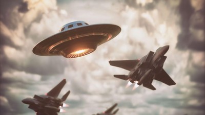 Supersonic fighters chasing UFO. Unidentified flying object flying over the sky. 3D illustration.