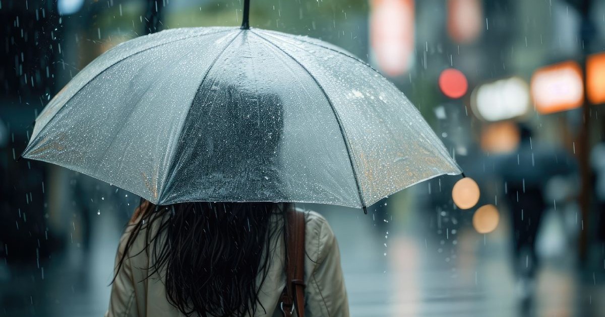 Vedere din spate a unei femei care merge pe stradă cu umbrelă transparentă într-o zi ploioasă. Foto: Profimedia Images